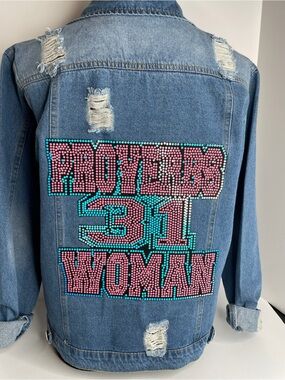 Custom Denim Jacket with embellished Pink & Teal patches - Proverbs 31